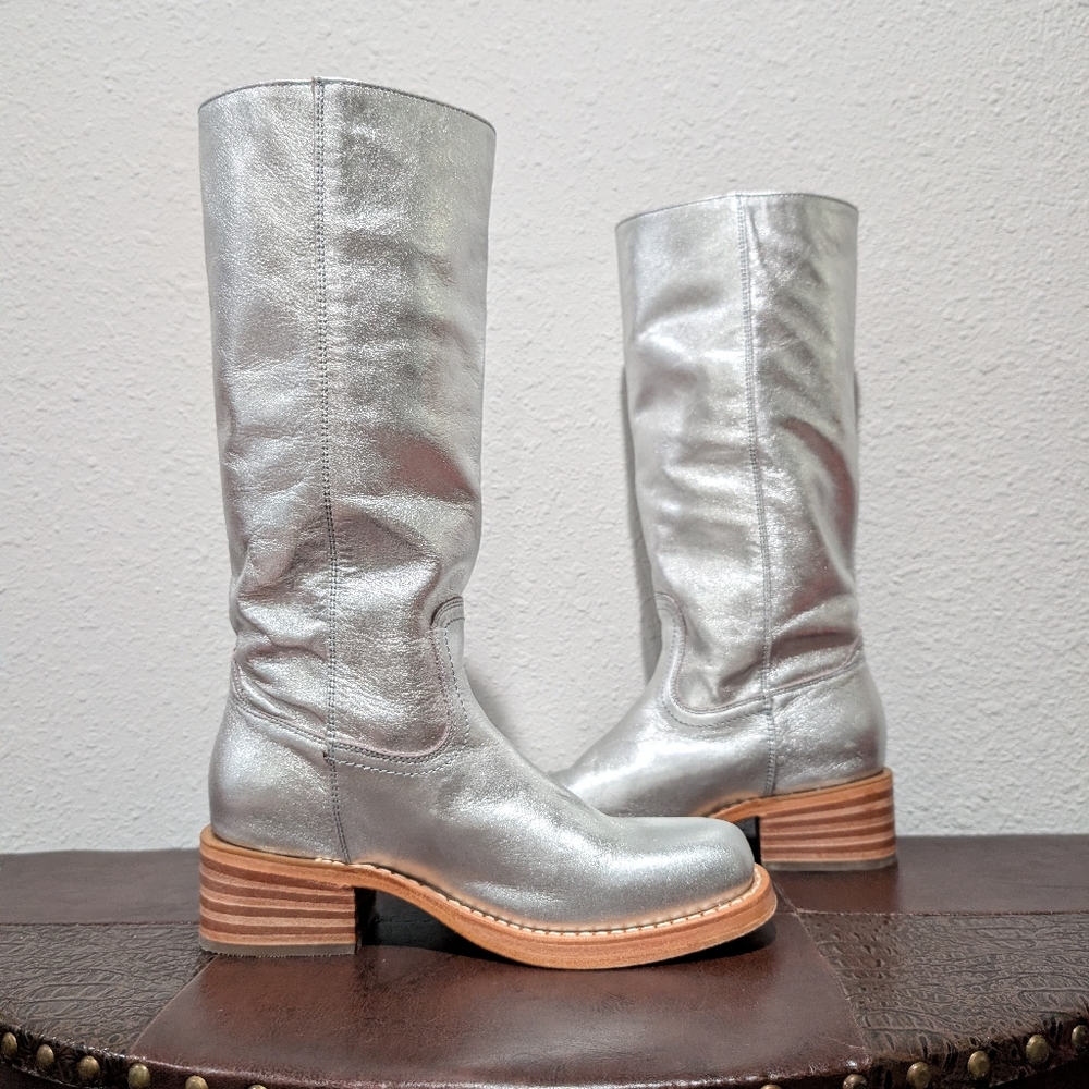 Frye Campus Silver Leather Boots Size 8.5 - Picture 11 of 16